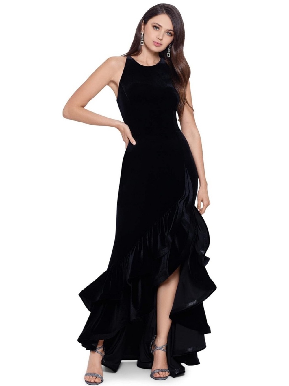 Betsy & Adam Womens Black Ruffled Velvet Halter Gown Size 6p